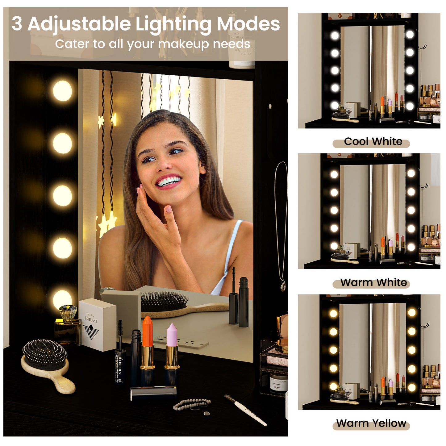 Compact Vanity Table Set with 3-Color LED Mirror, Charging Station and Storage Drawers – Black