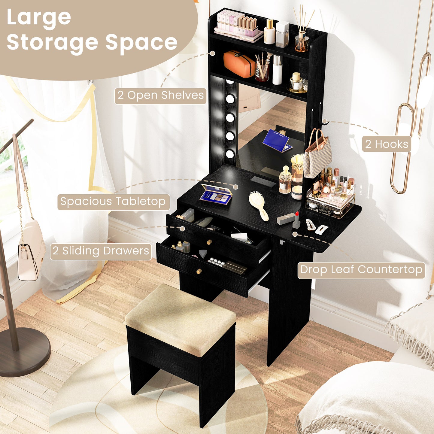 Compact Vanity Table Set with 3-Color LED Mirror, Charging Station and Storage Drawers – Black