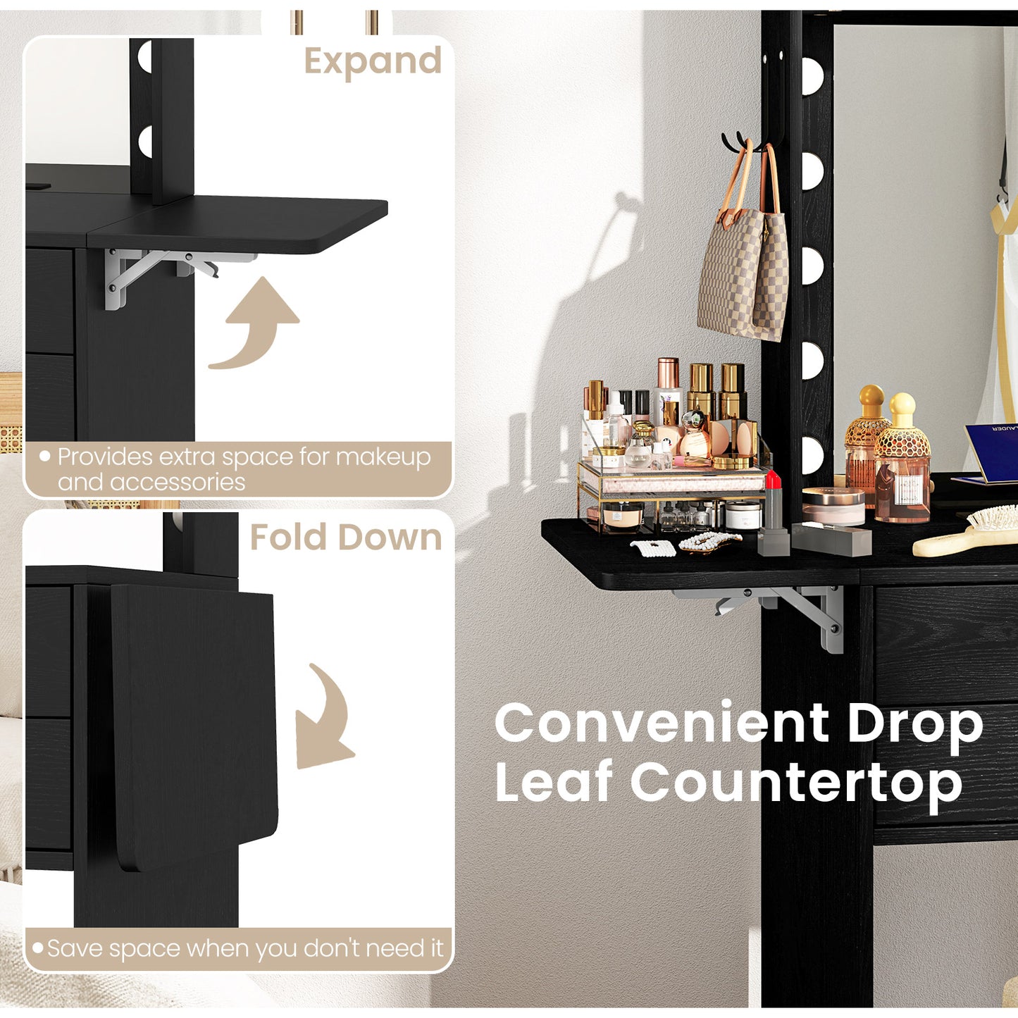 Compact Vanity Table Set with 3-Color LED Mirror, Charging Station and Storage Drawers – Black