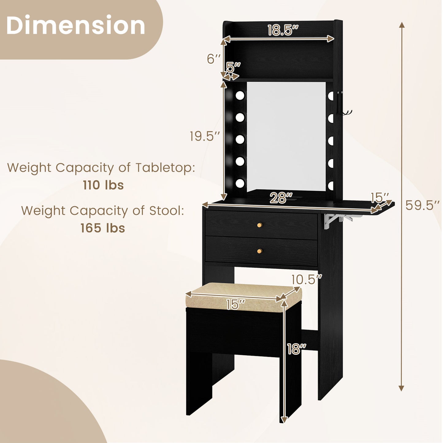 Compact Vanity Table Set with 3-Color LED Mirror, Charging Station and Storage Drawers – Black