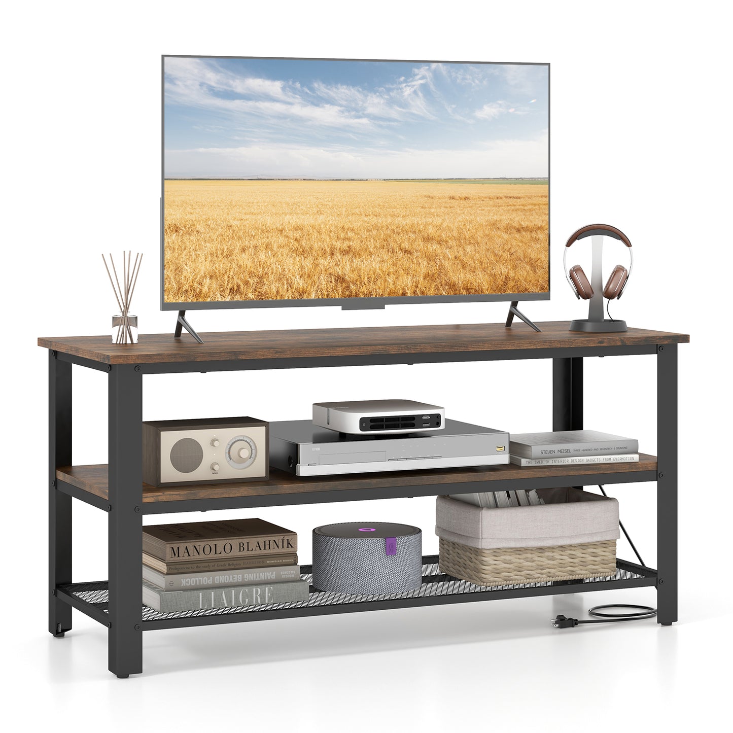 Industrial 3 Tier TV Stand with Open Shelves and Metal Mesh Storage for TVs up to 50 Inches