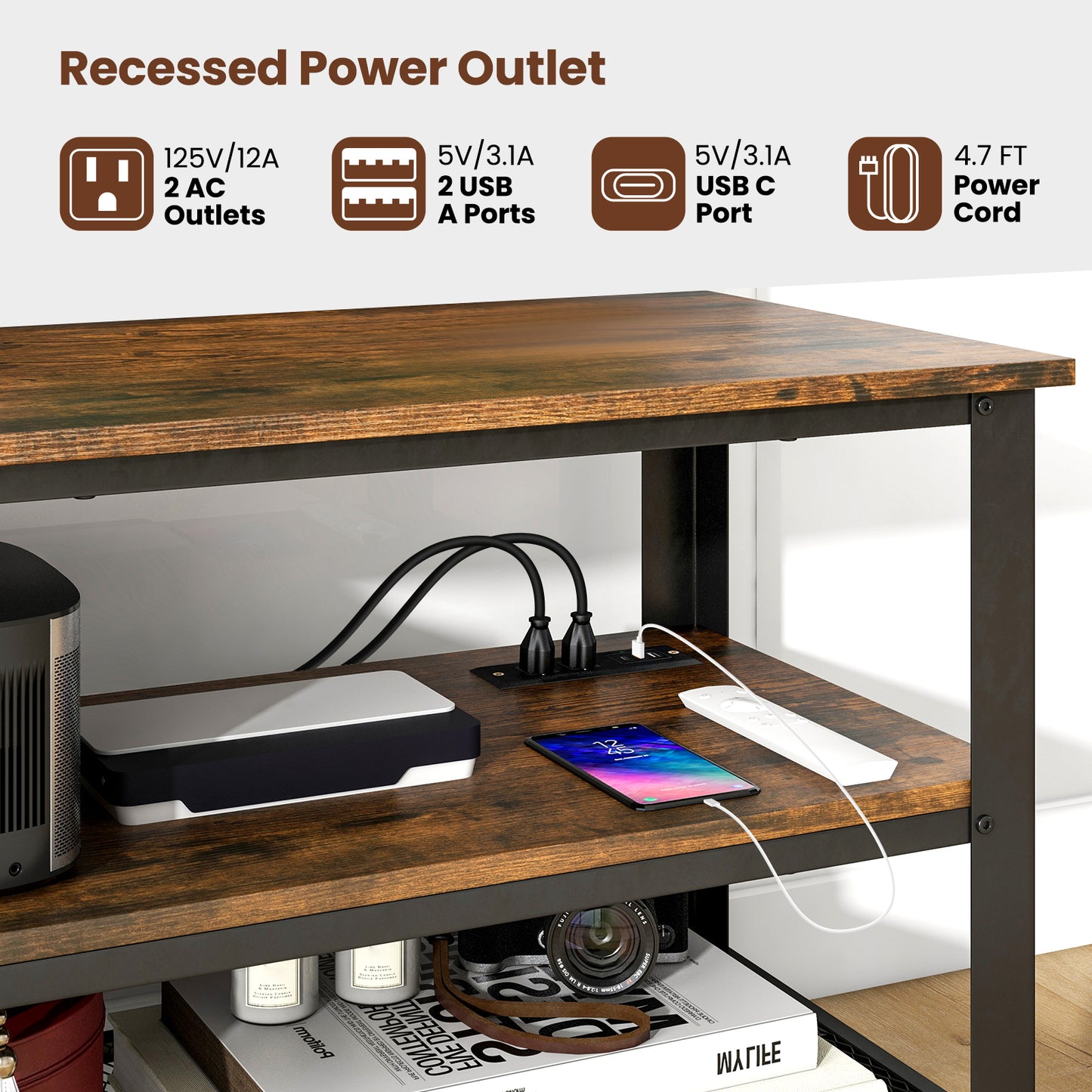 Industrial 3 Tier TV Stand with Open Shelves and Metal Mesh Storage for TVs up to 50 Inches