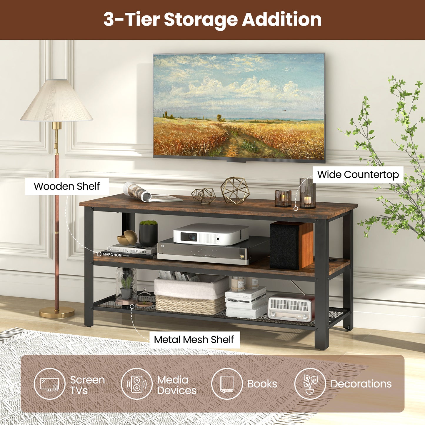 Industrial 3 Tier TV Stand with Open Shelves and Metal Mesh Storage for TVs up to 50 Inches