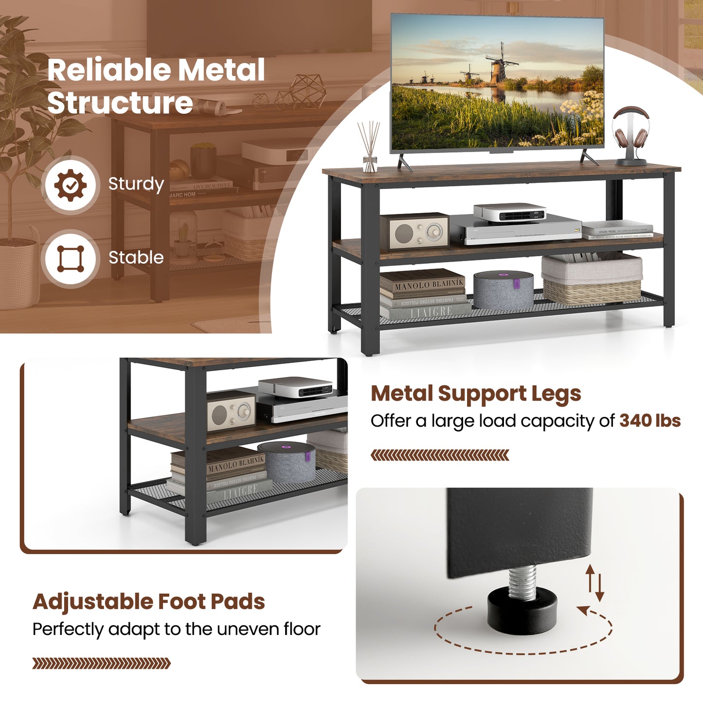 Industrial 3 Tier TV Stand with Open Shelves and Metal Mesh Storage for TVs up to 50 Inches