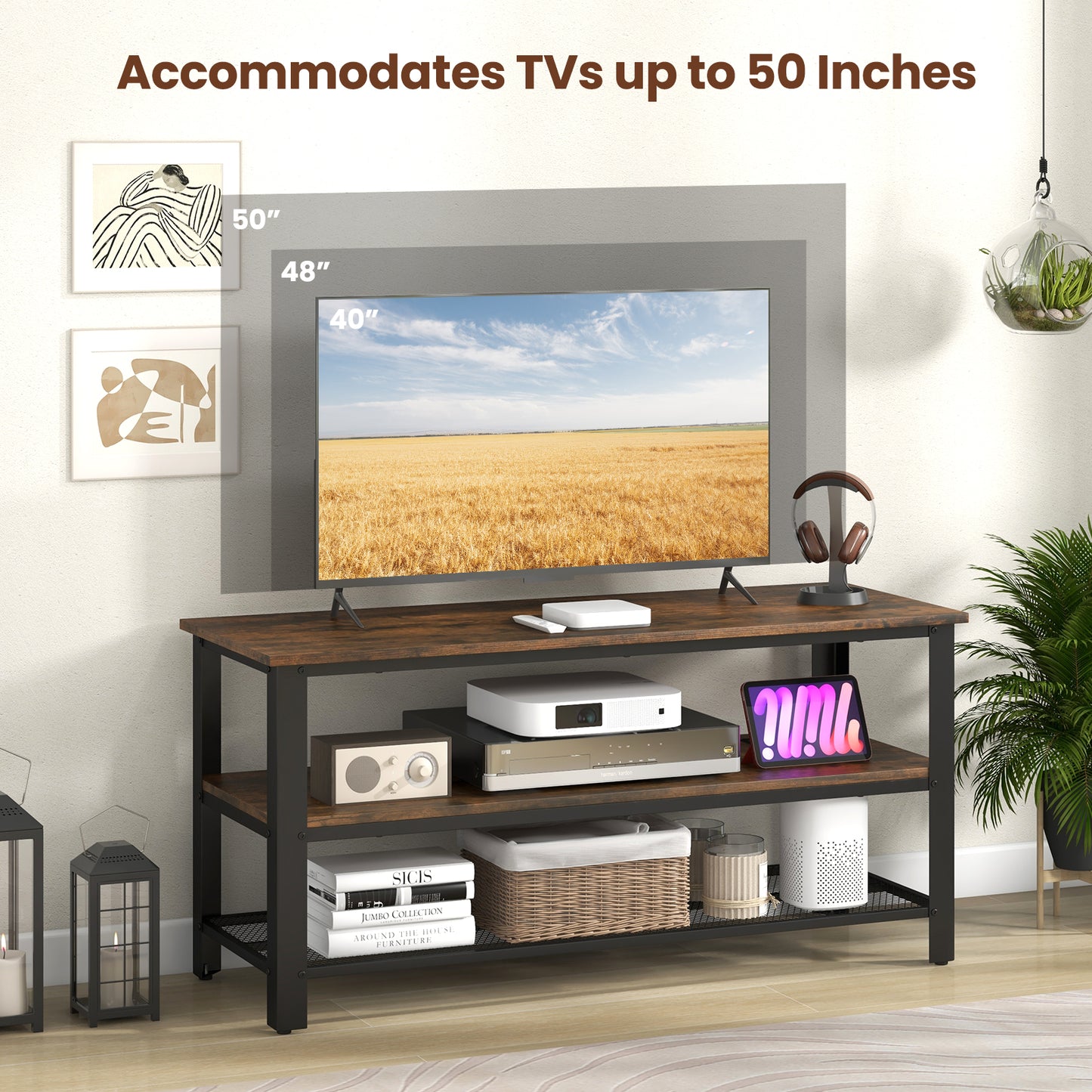 Industrial 3 Tier TV Stand with Open Shelves and Metal Mesh Storage for TVs up to 50 Inches