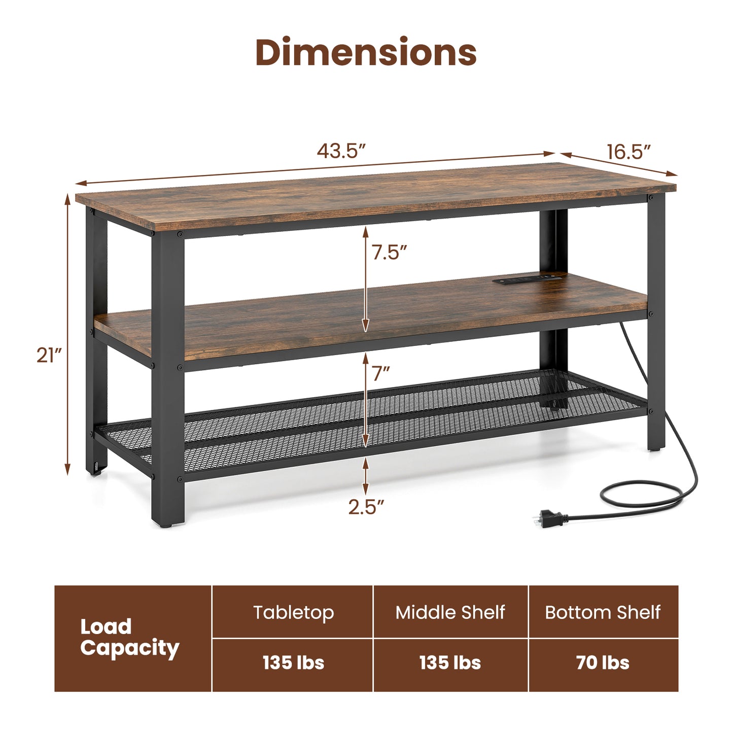 Industrial 3 Tier TV Stand with Open Shelves and Metal Mesh Storage for TVs up to 50 Inches