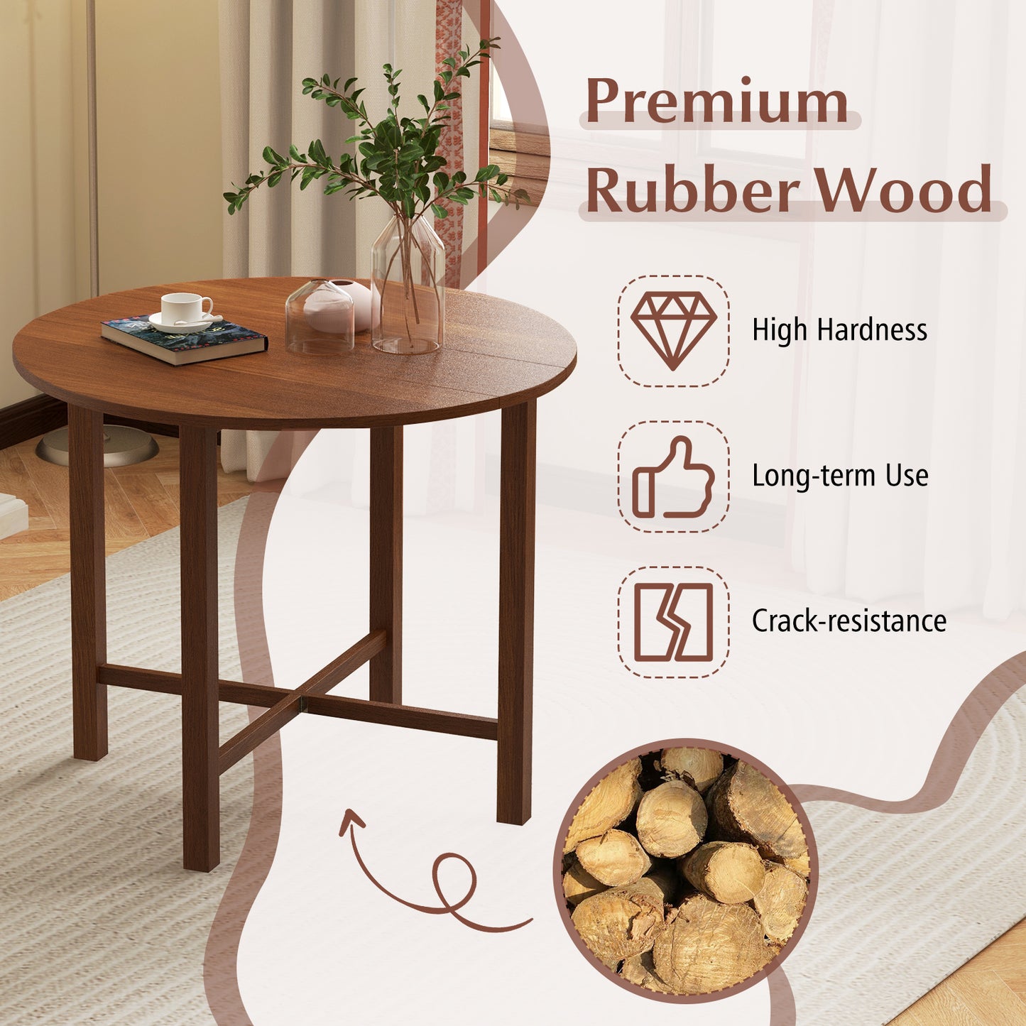 35 Inch Foldable Round Dining Table with Drop Leaf Design for Compact Living Spaces