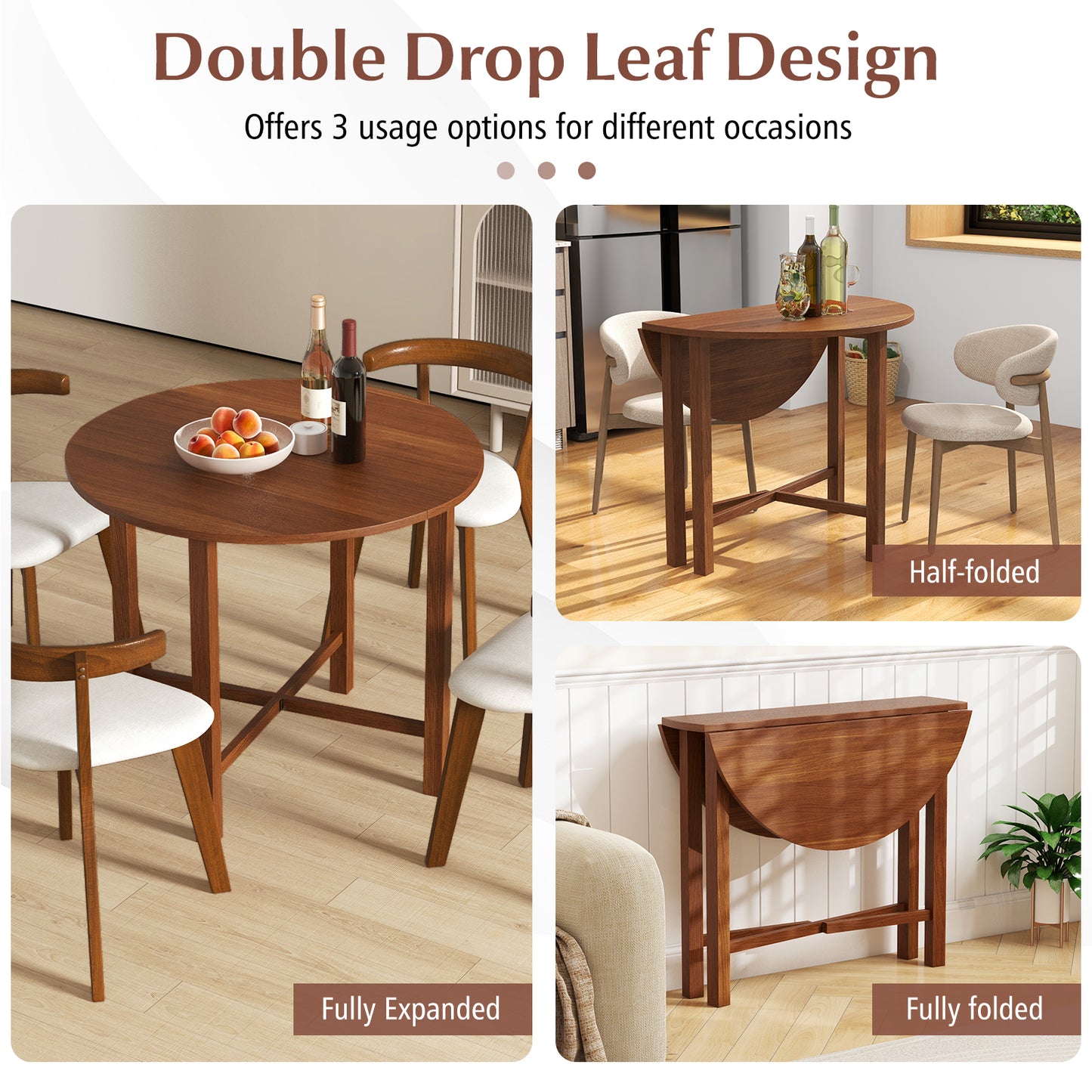 35 Inch Foldable Round Dining Table with Drop Leaf Design for Compact Living Spaces