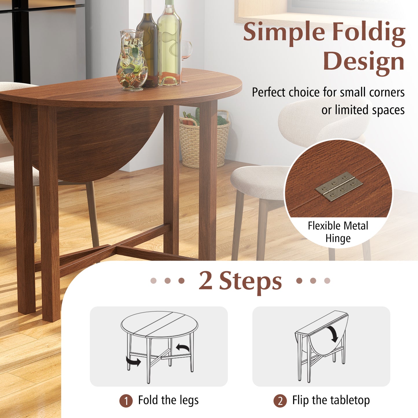 35 Inch Foldable Round Dining Table with Drop Leaf Design for Compact Living Spaces
