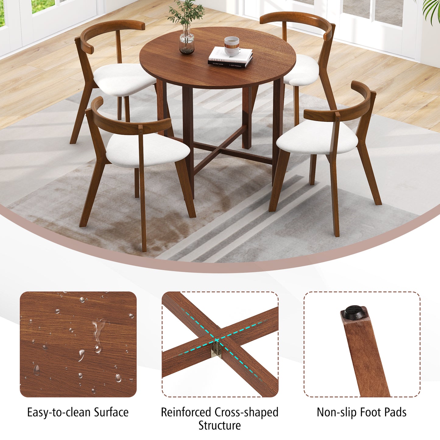 35 Inch Foldable Round Dining Table with Drop Leaf Design for Compact Living Spaces