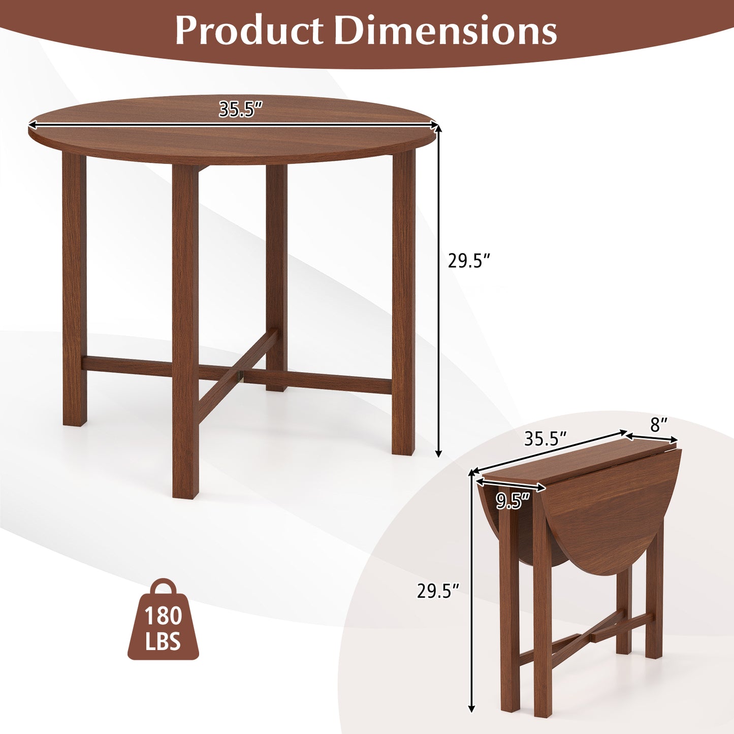 35 Inch Foldable Round Dining Table with Drop Leaf Design for Compact Living Spaces