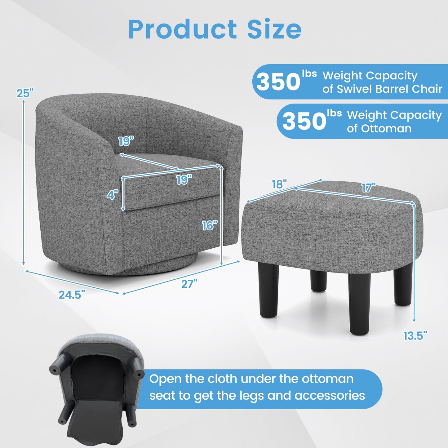 360 Degree Swivel Club Chair with Matching Ottoman and Ergonomic Backrest - Grey