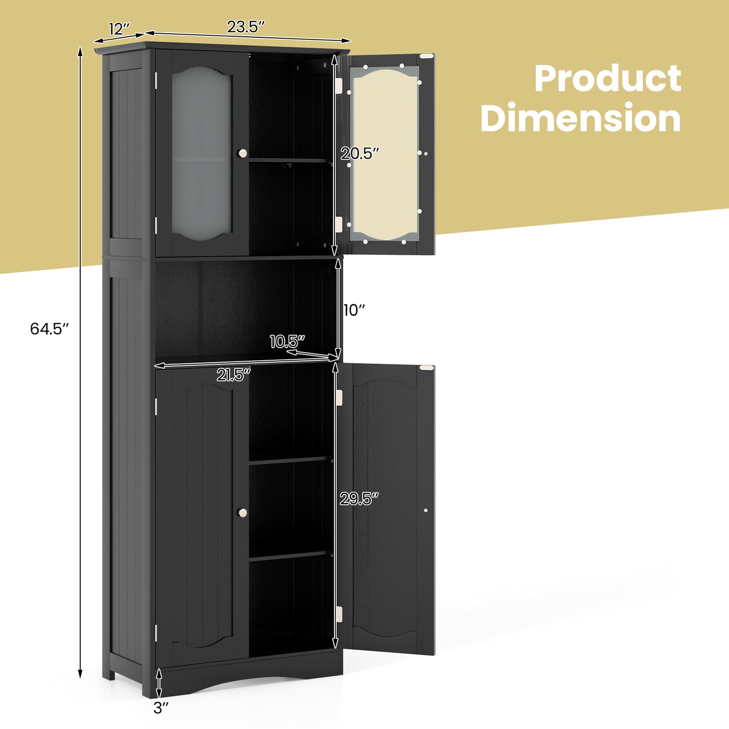 64.5 Inches Tall Black Storage Cabinet with Frosted Glass Doors & Adjustable Shelves