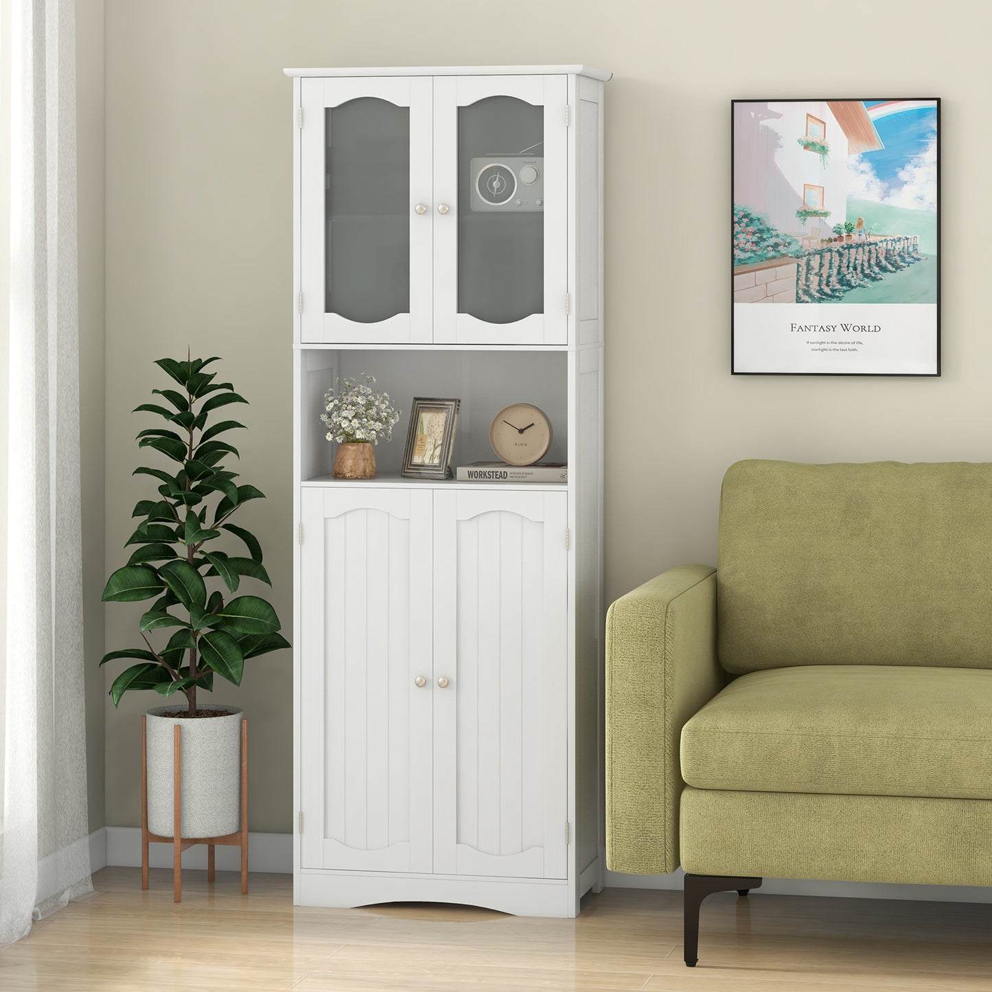 64.5 Inches Tall White Storage Cabinet with Frosted Glass Doors & Adjustable Shelves