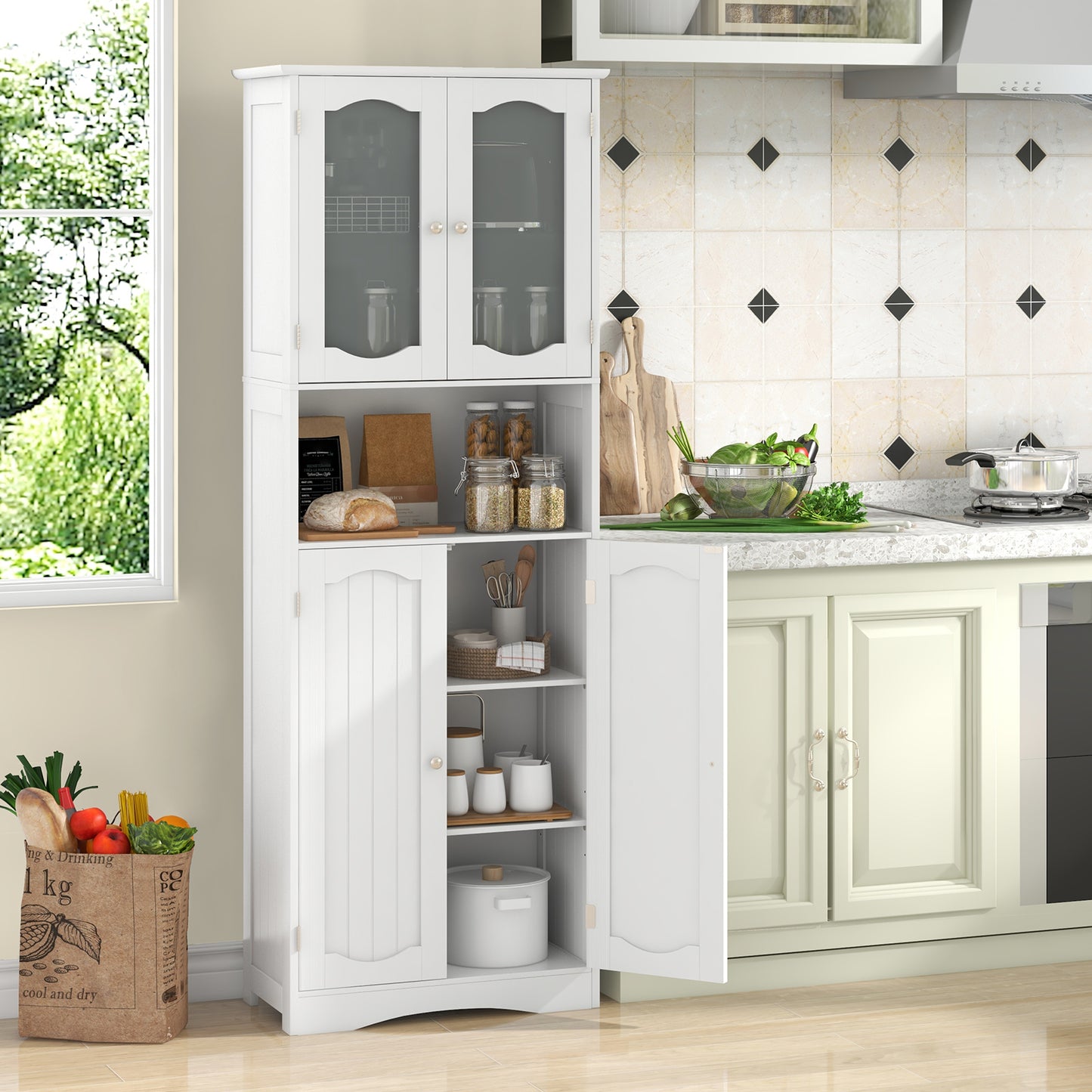64.5 Inches Tall White Storage Cabinet with Frosted Glass Doors & Adjustable Shelves