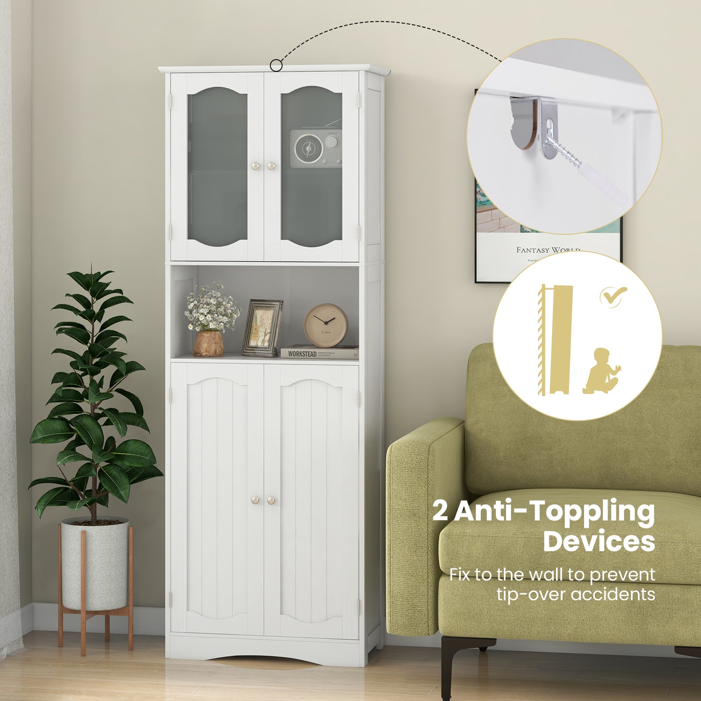 64.5 Inches Tall White Storage Cabinet with Frosted Glass Doors & Adjustable Shelves