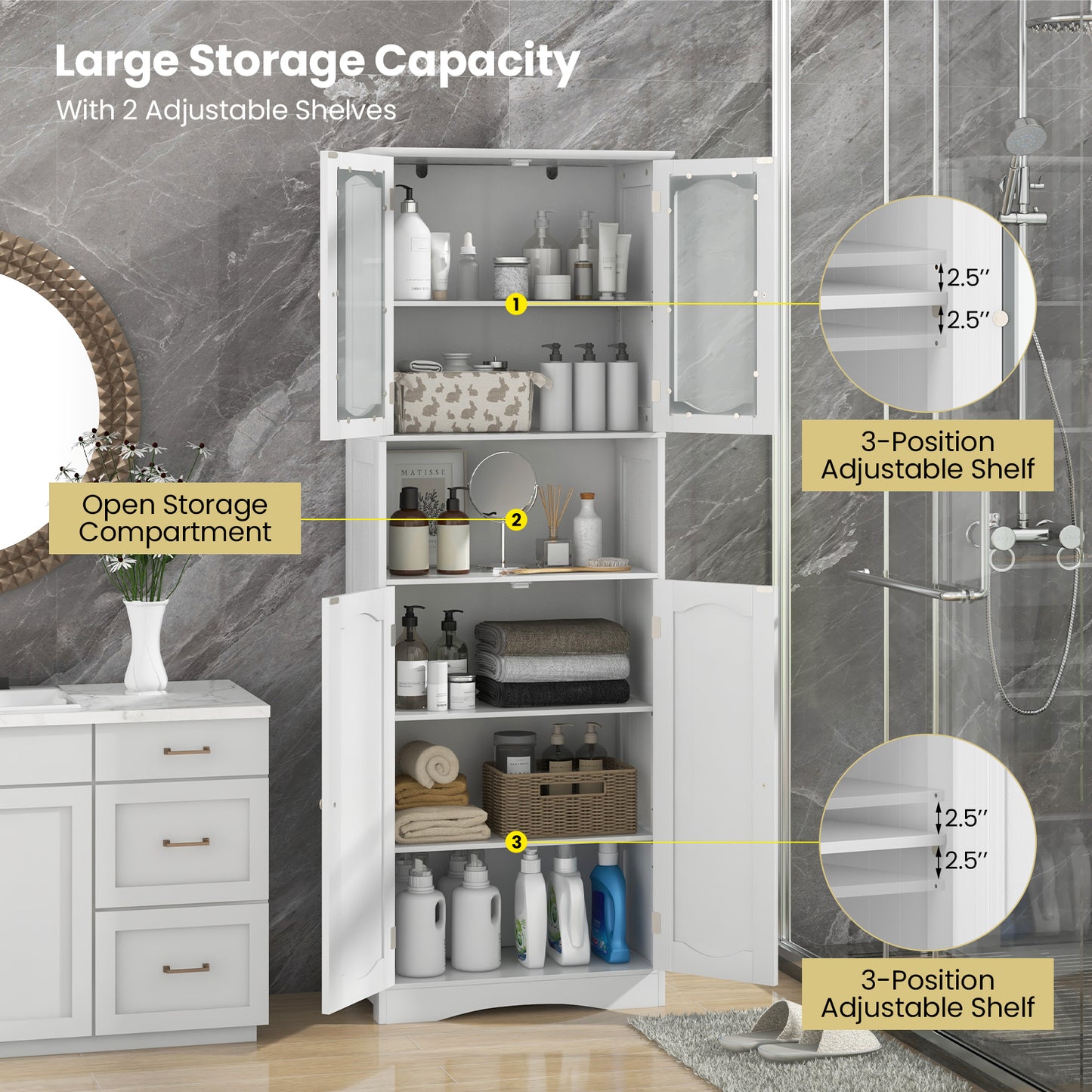 64.5 Inches Tall White Storage Cabinet with Frosted Glass Doors & Adjustable Shelves