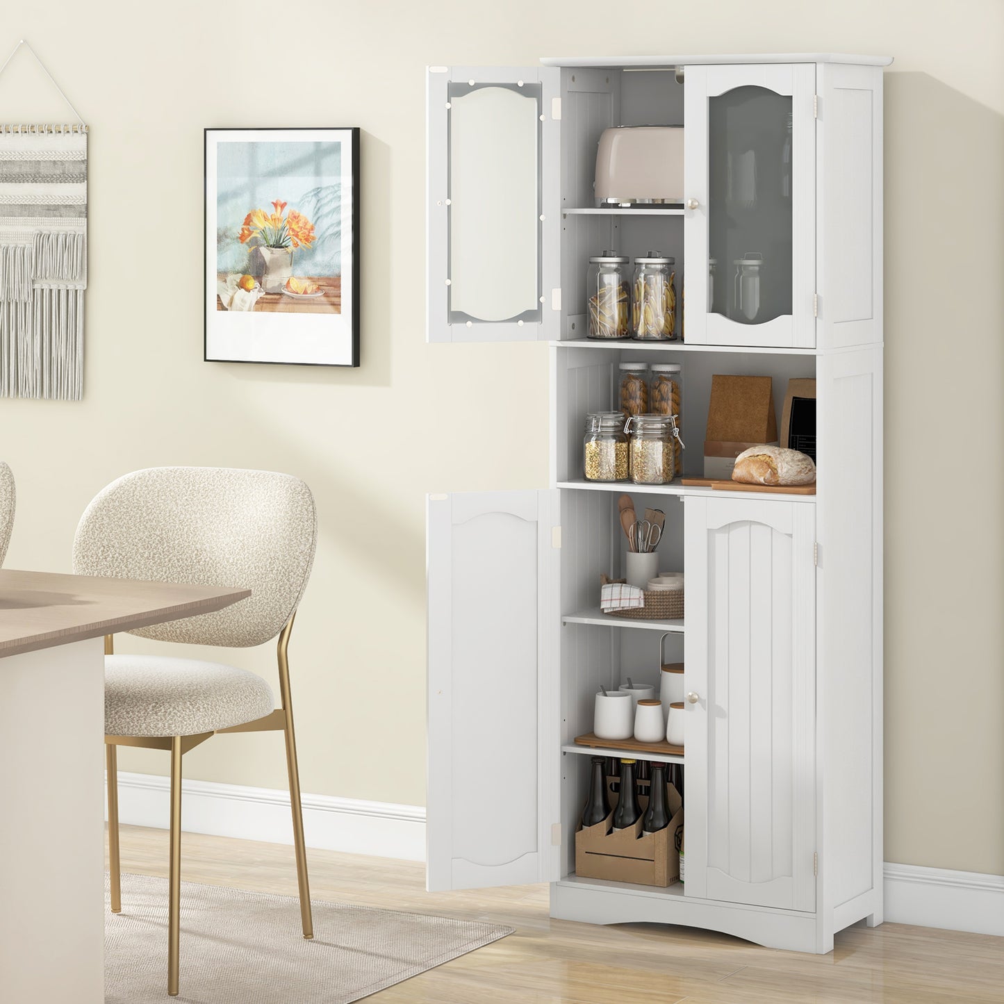 64.5 Inches Tall White Storage Cabinet with Frosted Glass Doors & Adjustable Shelves