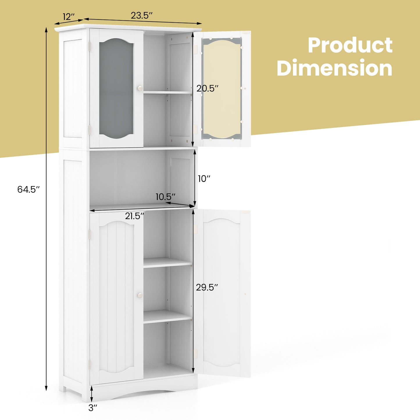 64.5 Inches Tall White Storage Cabinet with Frosted Glass Doors & Adjustable Shelves