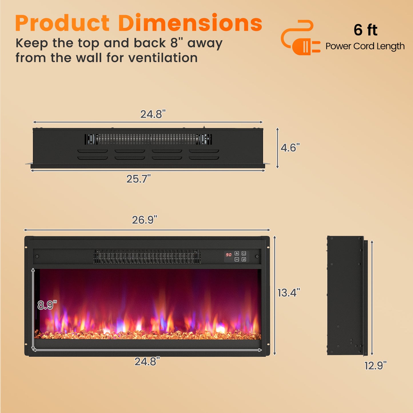 18/23/26 Inch 1500W Electric Fireplace Insert with Remote & Customizable Flame Effects