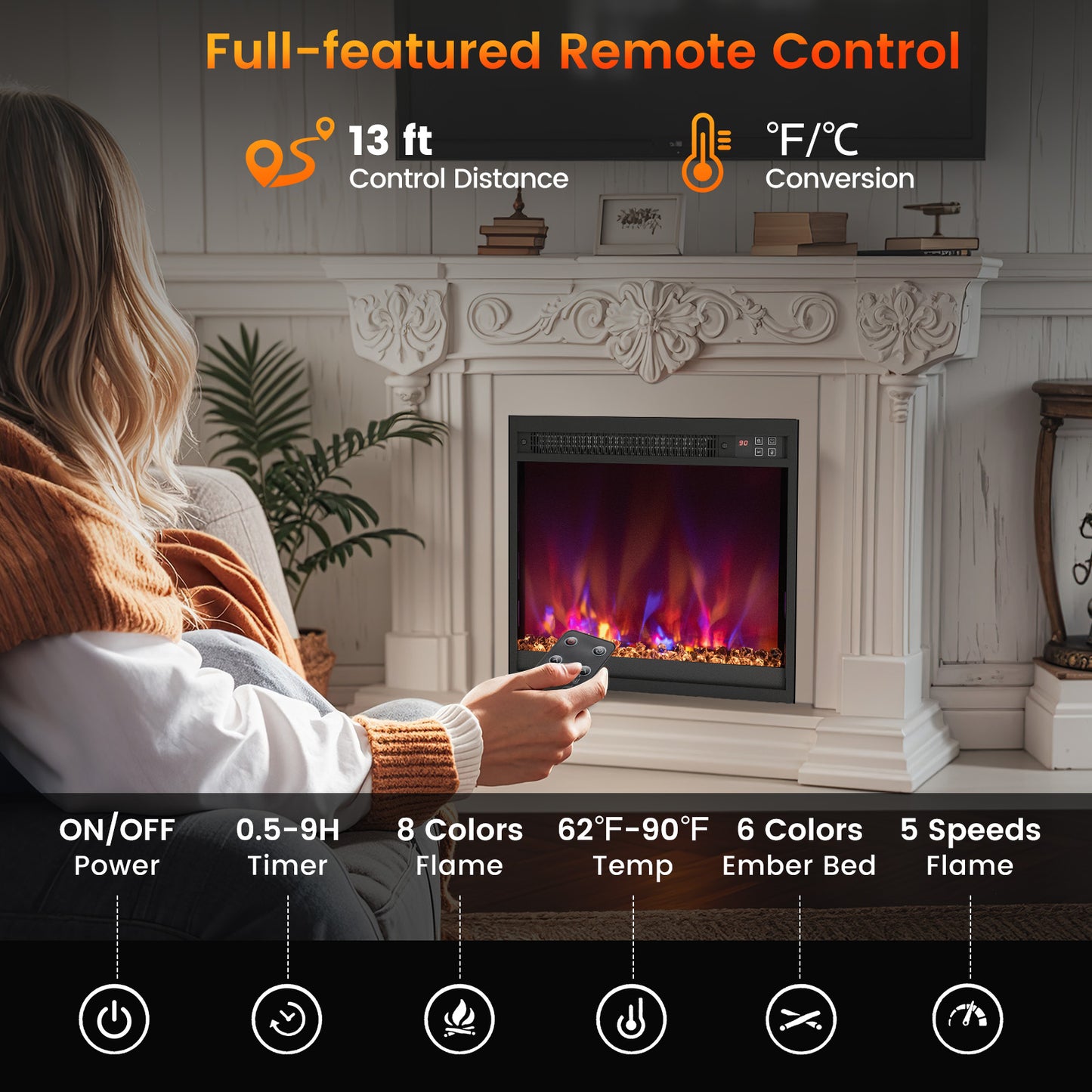 18/23/26 Inch 1500W Electric Fireplace Insert with Remote & Customizable Flame Effects