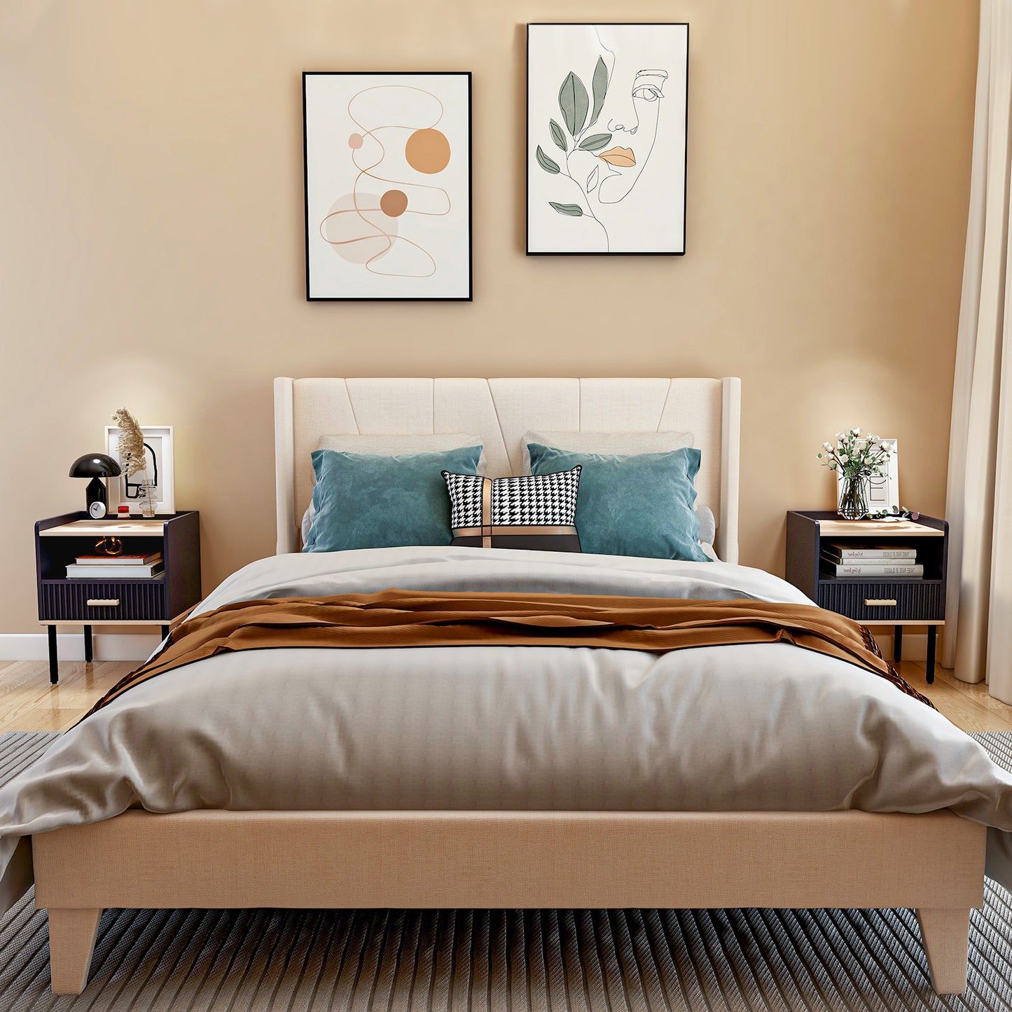 Grey Nightstand with Storage Drawer and Shelf for Bedroom or Living Room