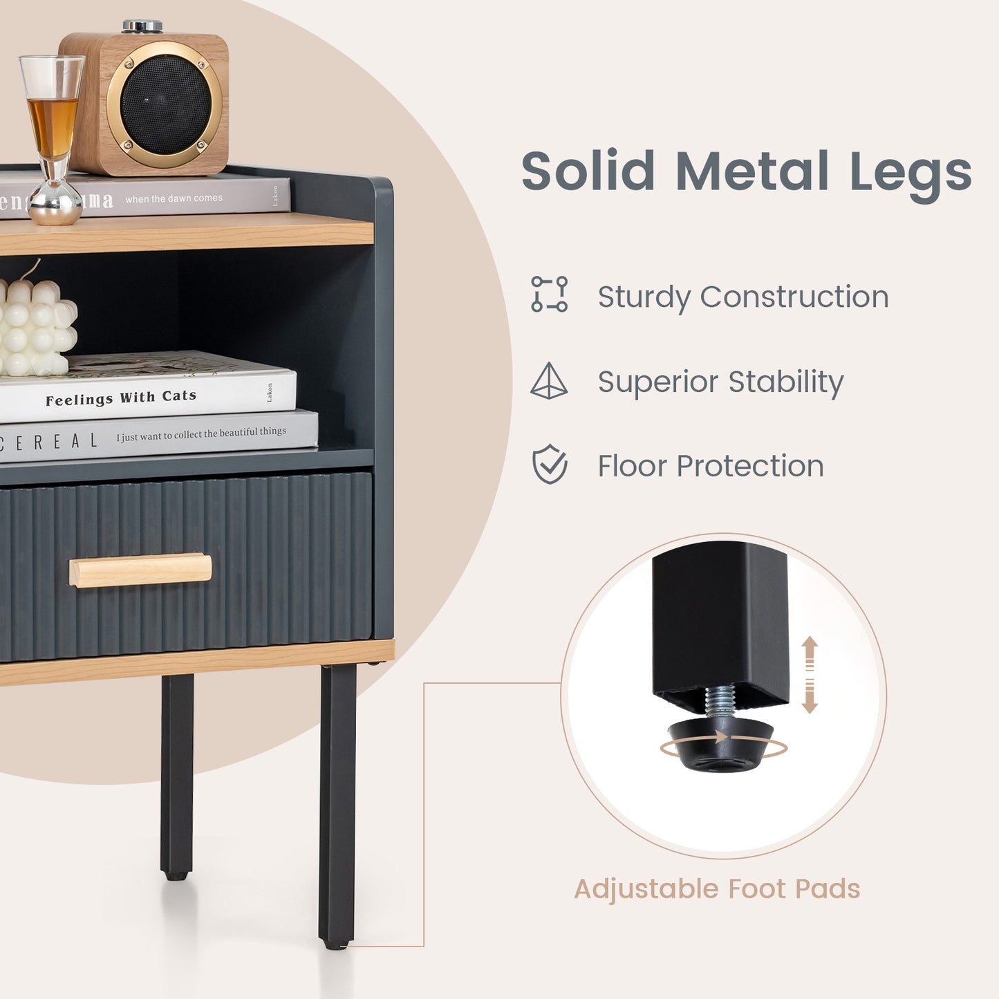 Grey Nightstand with Storage Drawer and Shelf for Bedroom or Living Room