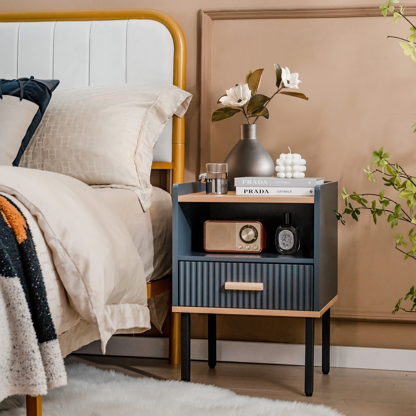 Grey Nightstand with Storage Drawer and Shelf for Bedroom or Living Room
