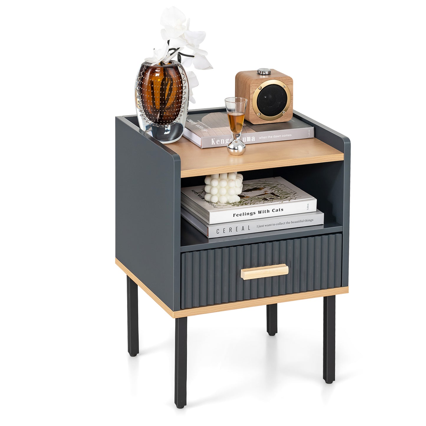 Grey Nightstand with Storage Drawer and Shelf for Bedroom or Living Room