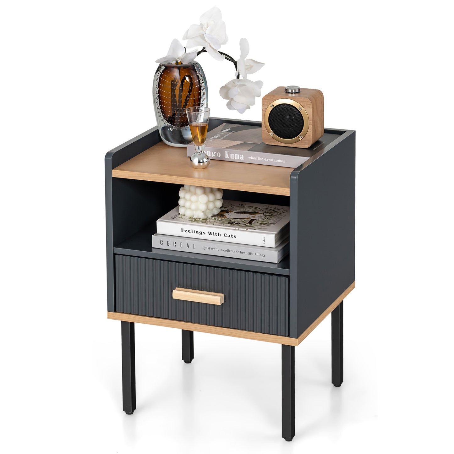 Grey Nightstand with Storage Drawer and Shelf for Bedroom or Living Room