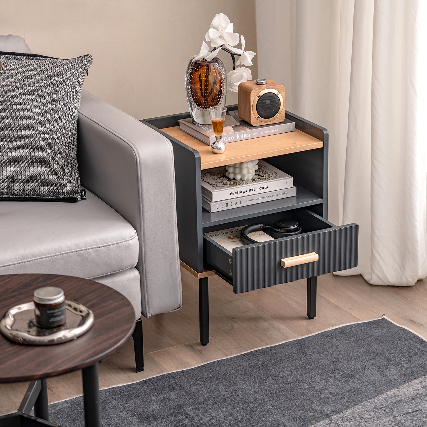 Grey Nightstand with Storage Drawer and Shelf for Bedroom or Living Room