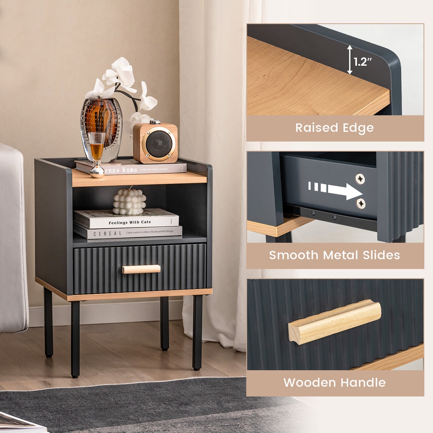 Grey Nightstand with Storage Drawer and Shelf for Bedroom or Living Room