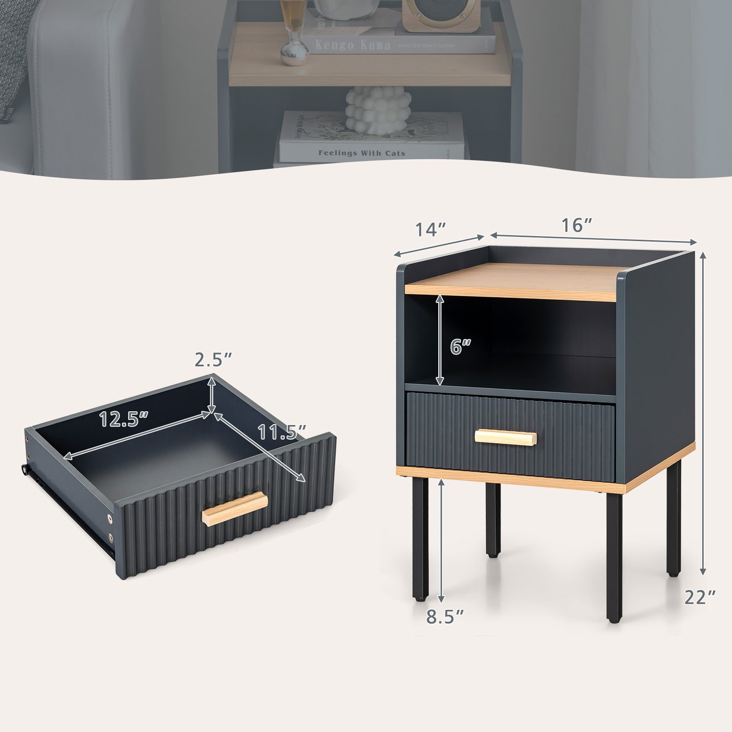 Grey Nightstand with Storage Drawer and Shelf for Bedroom or Living Room