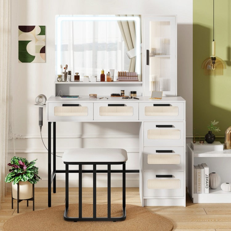 Makeup Vanity Table Set with LED Mirror, Charging Station and Cushioned Stool