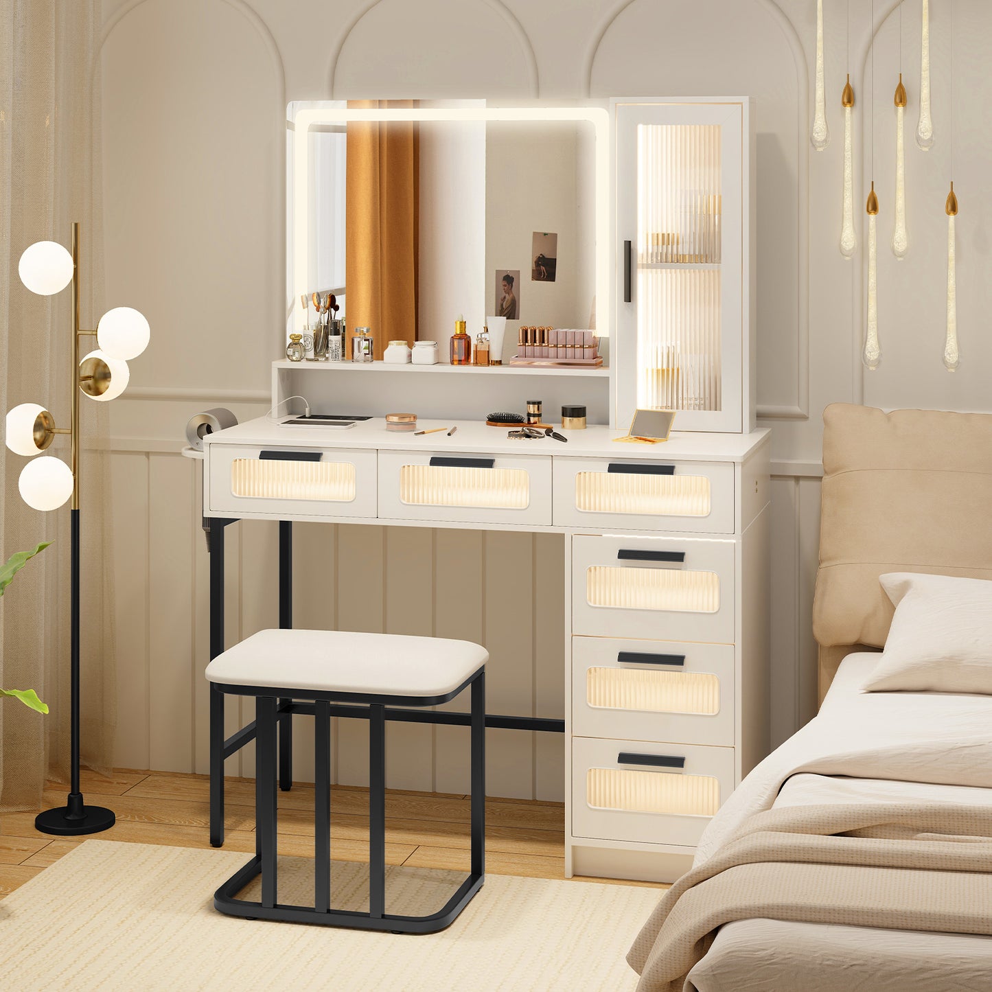 Makeup Vanity Table Set with LED Mirror, Charging Station and Cushioned Stool