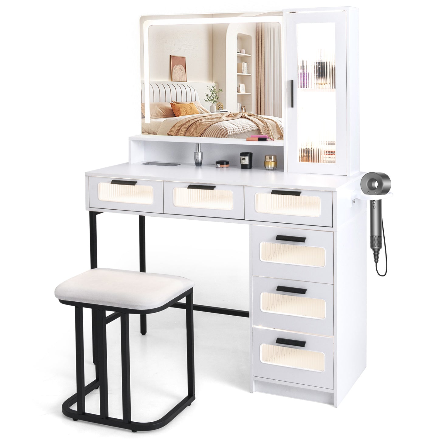 Makeup Vanity Table Set with LED Mirror, Charging Station and Cushioned Stool