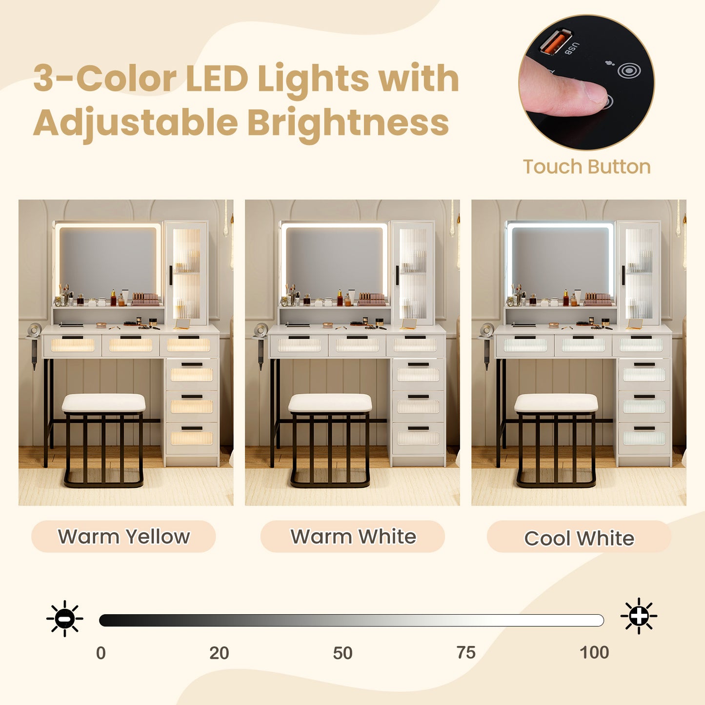 Makeup Vanity Table Set with LED Mirror, Charging Station and Cushioned Stool