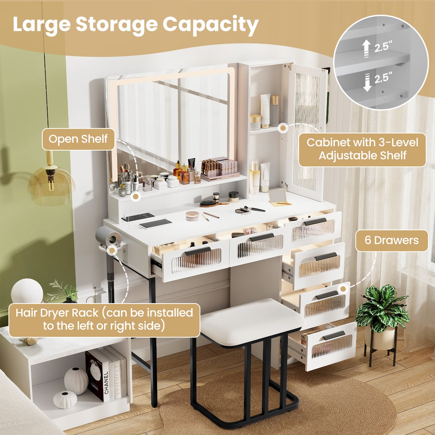 Makeup Vanity Table Set with LED Mirror, Charging Station and Cushioned Stool