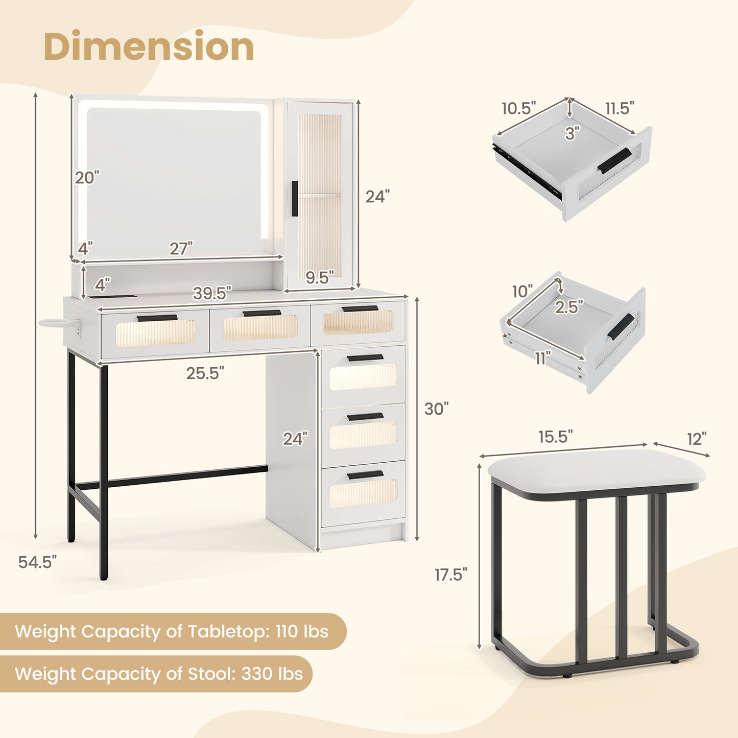 Makeup Vanity Table Set with LED Mirror, Charging Station and Cushioned Stool