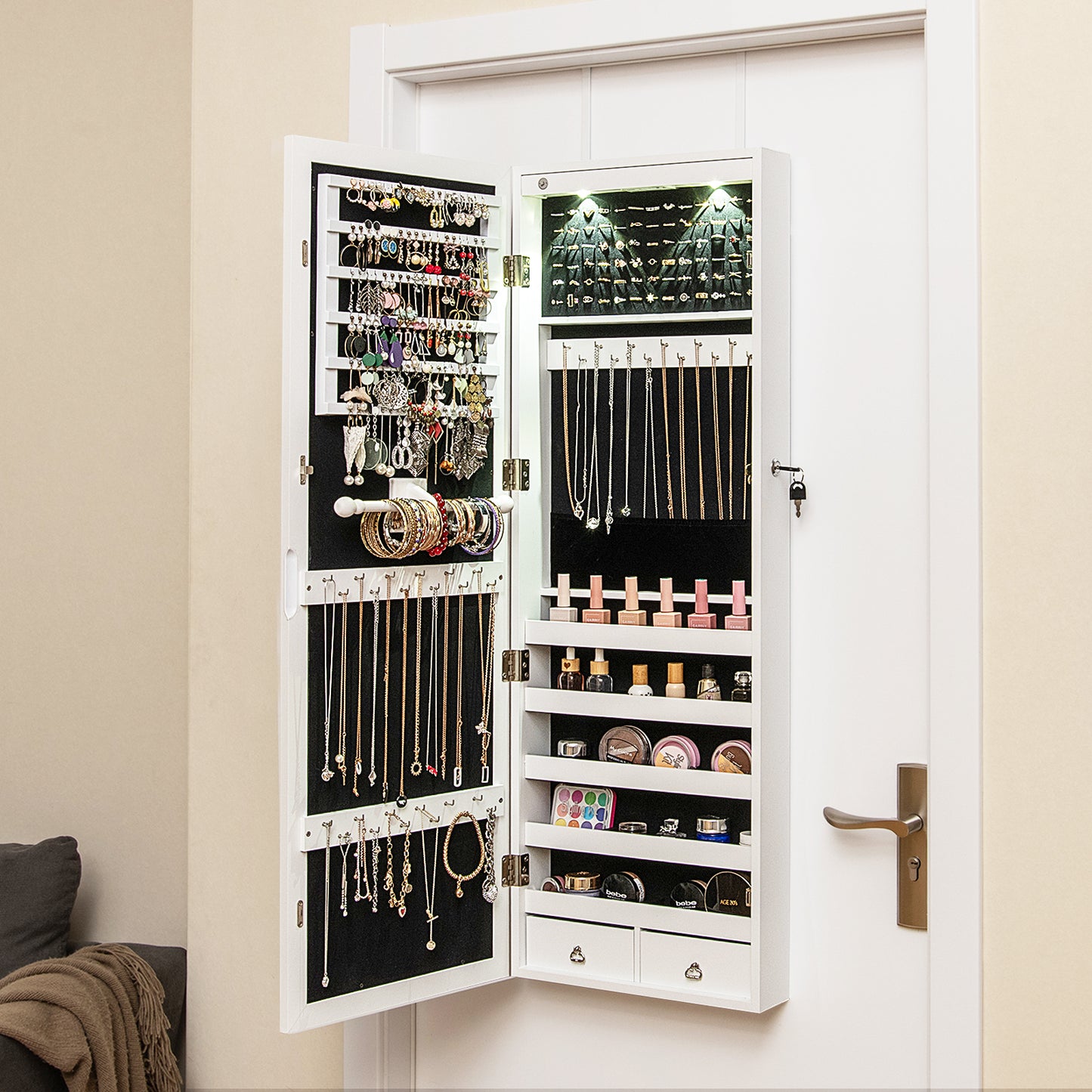 Lockable Wall-Mounted Jewelry Cabinet with Full-Length Mirror, LED Lights & Adjustable Storage – White