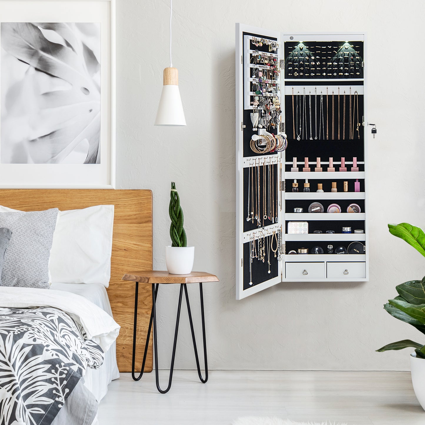 Lockable Wall-Mounted Jewelry Cabinet with Full-Length Mirror, LED Lights & Adjustable Storage – White