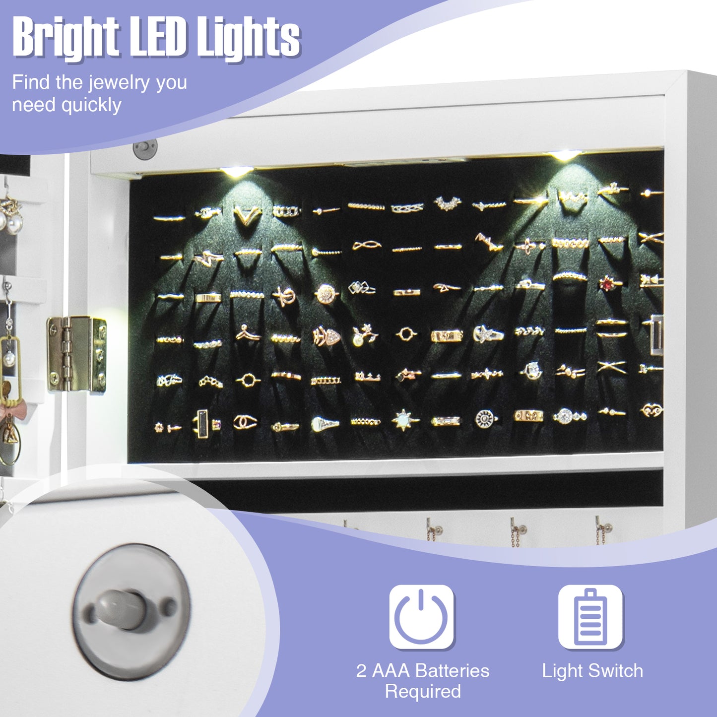 Lockable Wall-Mounted Jewelry Cabinet with Full-Length Mirror, LED Lights & Adjustable Storage – White
