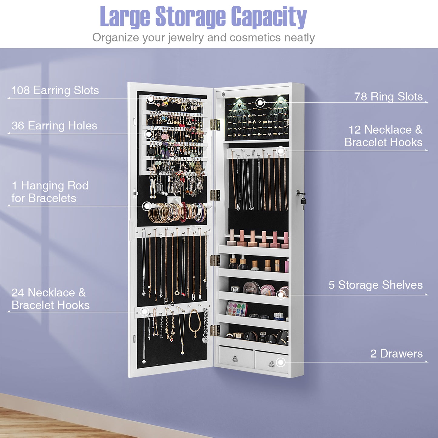 Lockable Wall-Mounted Jewelry Cabinet with Full-Length Mirror, LED Lights & Adjustable Storage – White