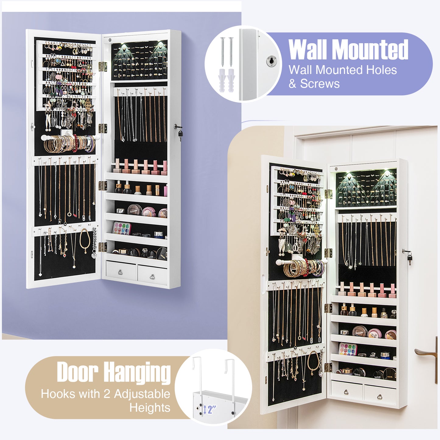 Lockable Wall-Mounted Jewelry Cabinet with Full-Length Mirror, LED Lights & Adjustable Storage – White