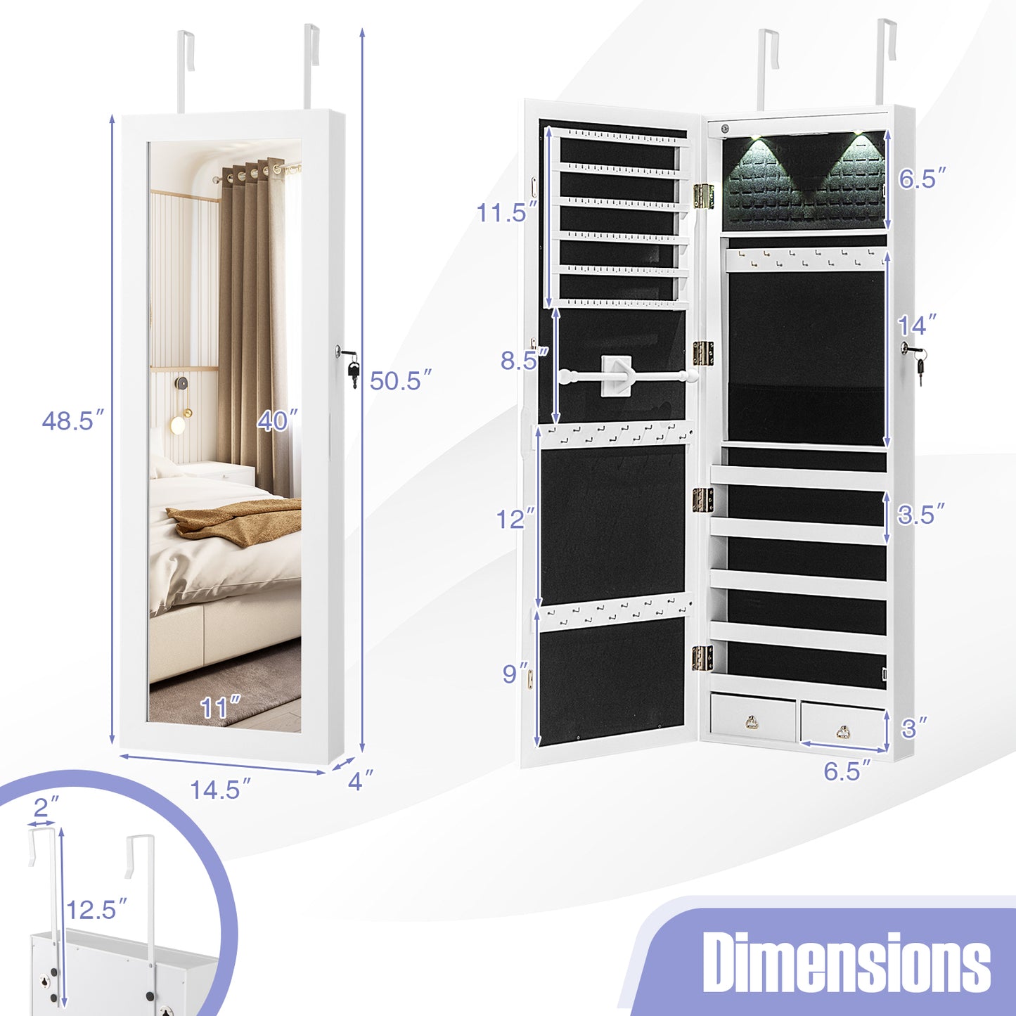Lockable Wall-Mounted Jewelry Cabinet with Full-Length Mirror, LED Lights & Adjustable Storage – White