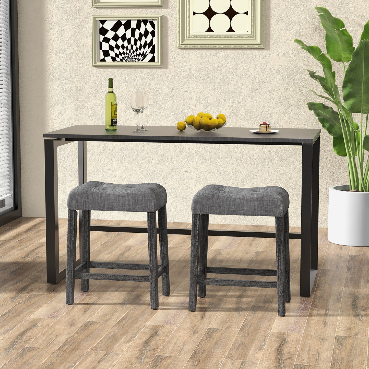 Set of 2 24 Inch Saddle Bar Stools with Padded Seat and Linen Upholstery - Grey
