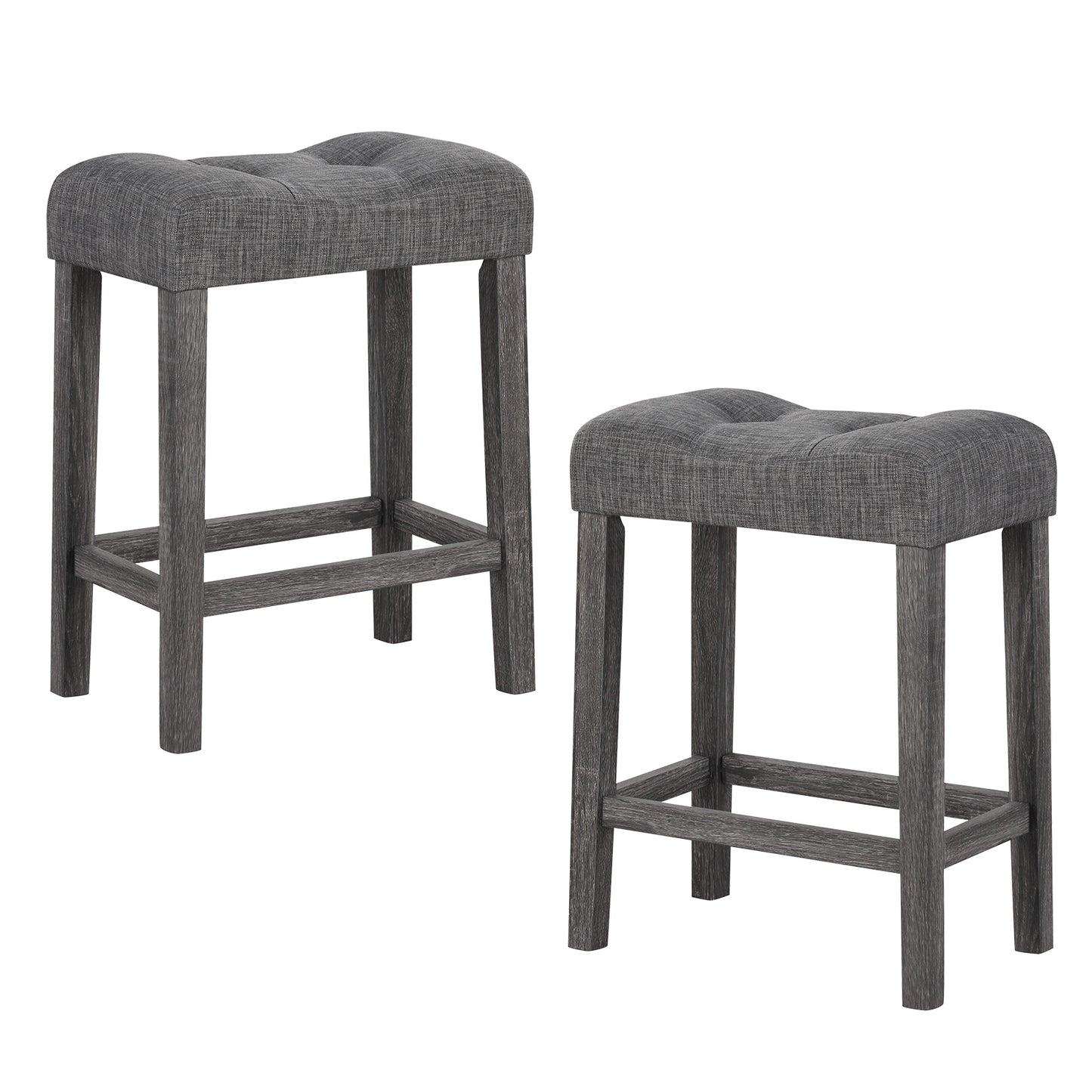 Set of 2 24 Inch Saddle Bar Stools with Padded Seat and Linen Upholstery - Grey