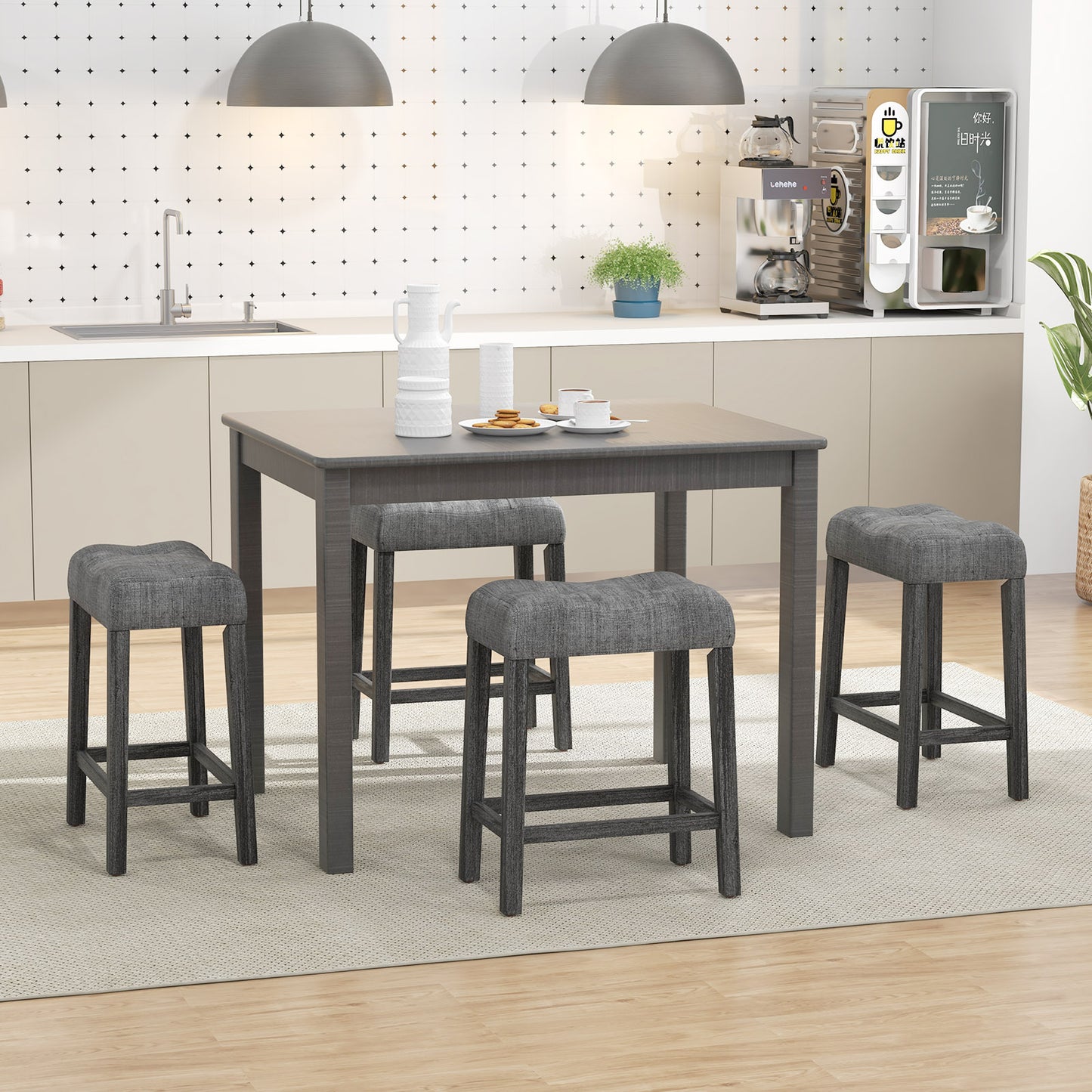Set of 2 24 Inch Saddle Bar Stools with Padded Seat and Linen Upholstery - Grey
