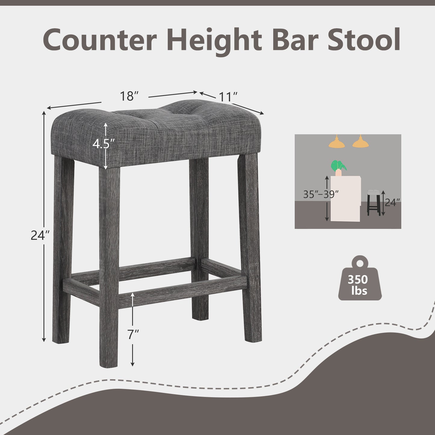 Set of 2 24 Inch Saddle Bar Stools with Padded Seat and Linen Upholstery - Grey