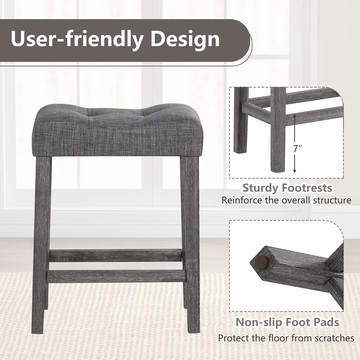Set of 2 24 Inch Saddle Bar Stools with Padded Seat and Linen Upholstery - Grey